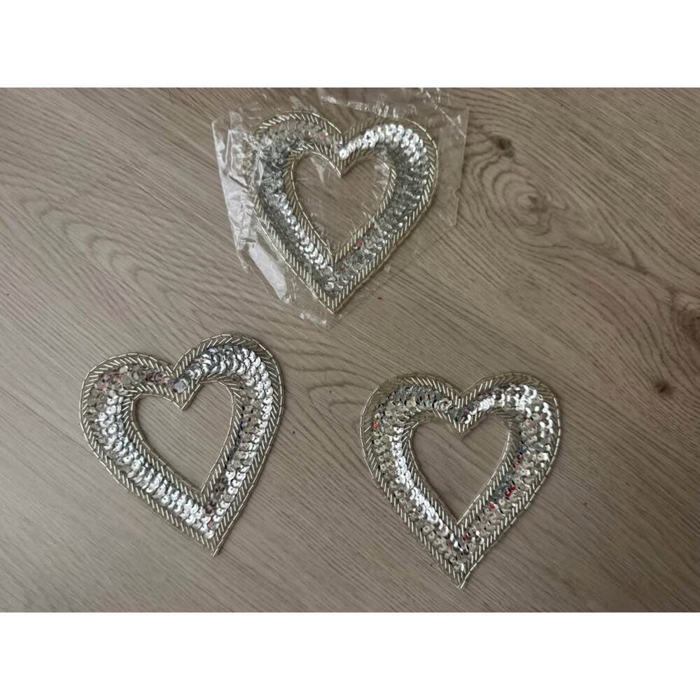 New Silver Sequin Beaded Cut Out Heart Appliqué Patch 4.5” - Lot of 3